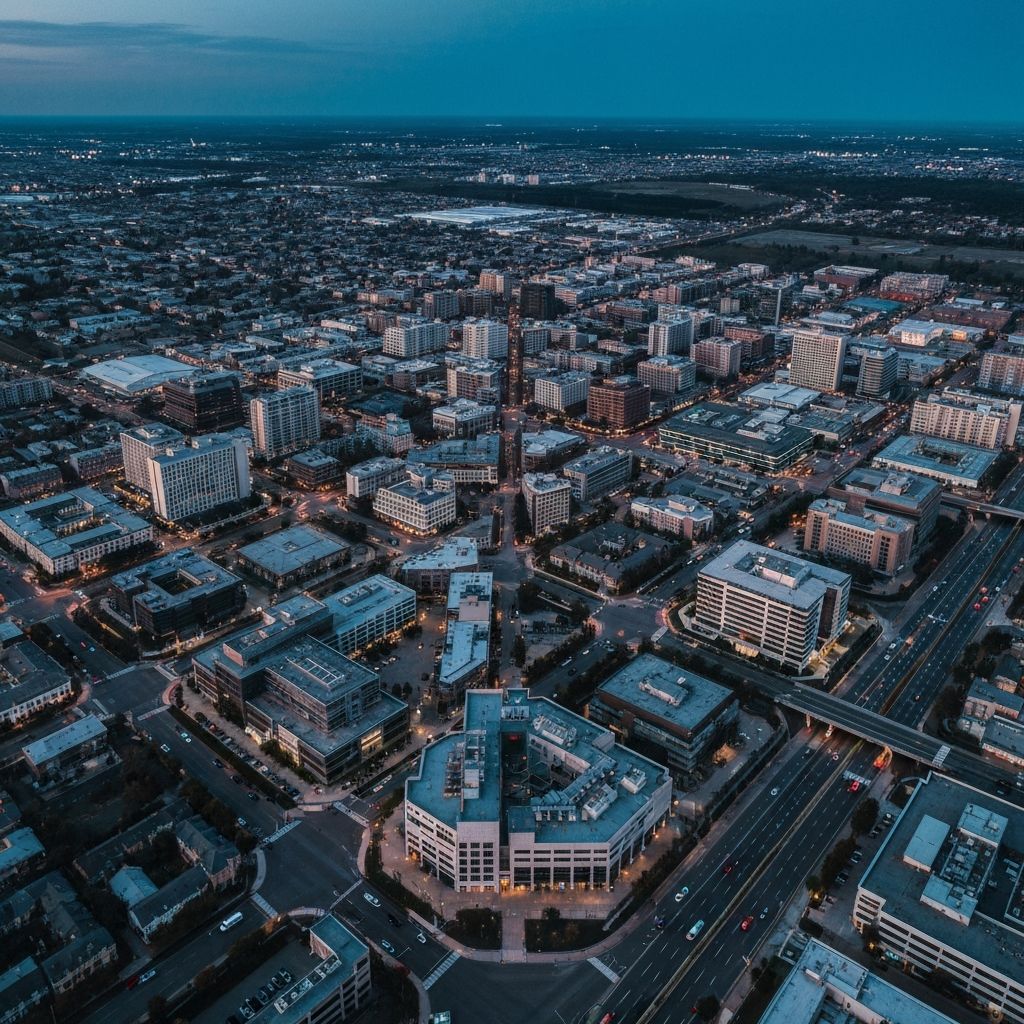 Aerial view of large-scale urban asset cluster at dusk
